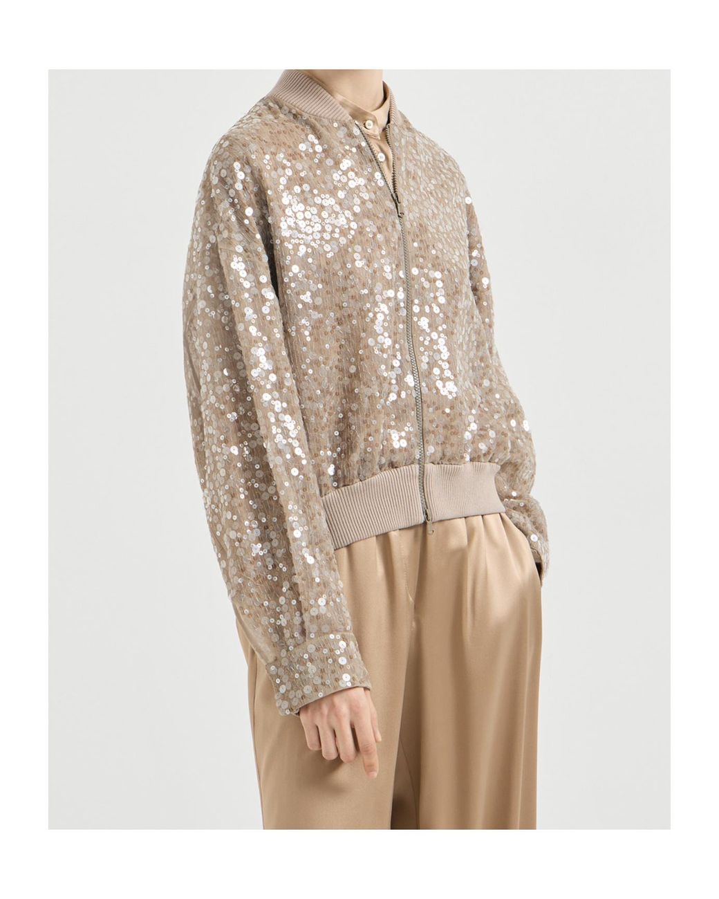 Brunello Cucinelli Brown Sequin-Embroidery Bomber Jacket