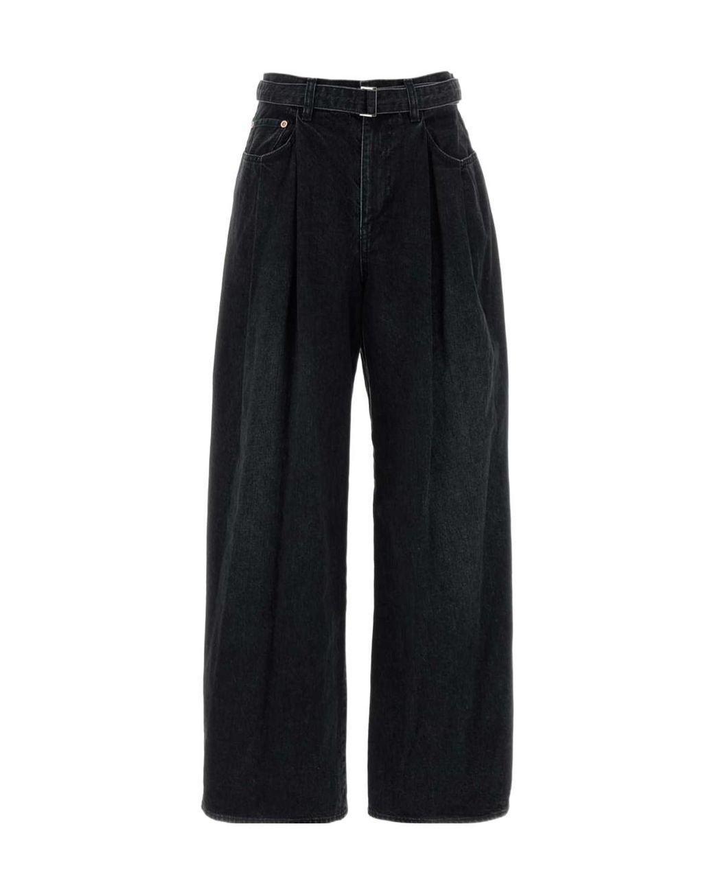 Sacai Black Wide Leg Pleated Jeans