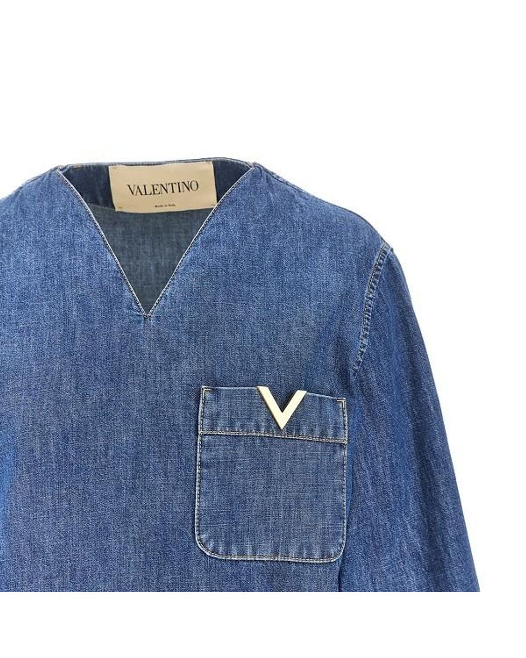 Valentino Blue Logo Plaque V-Neck Denim Blouse