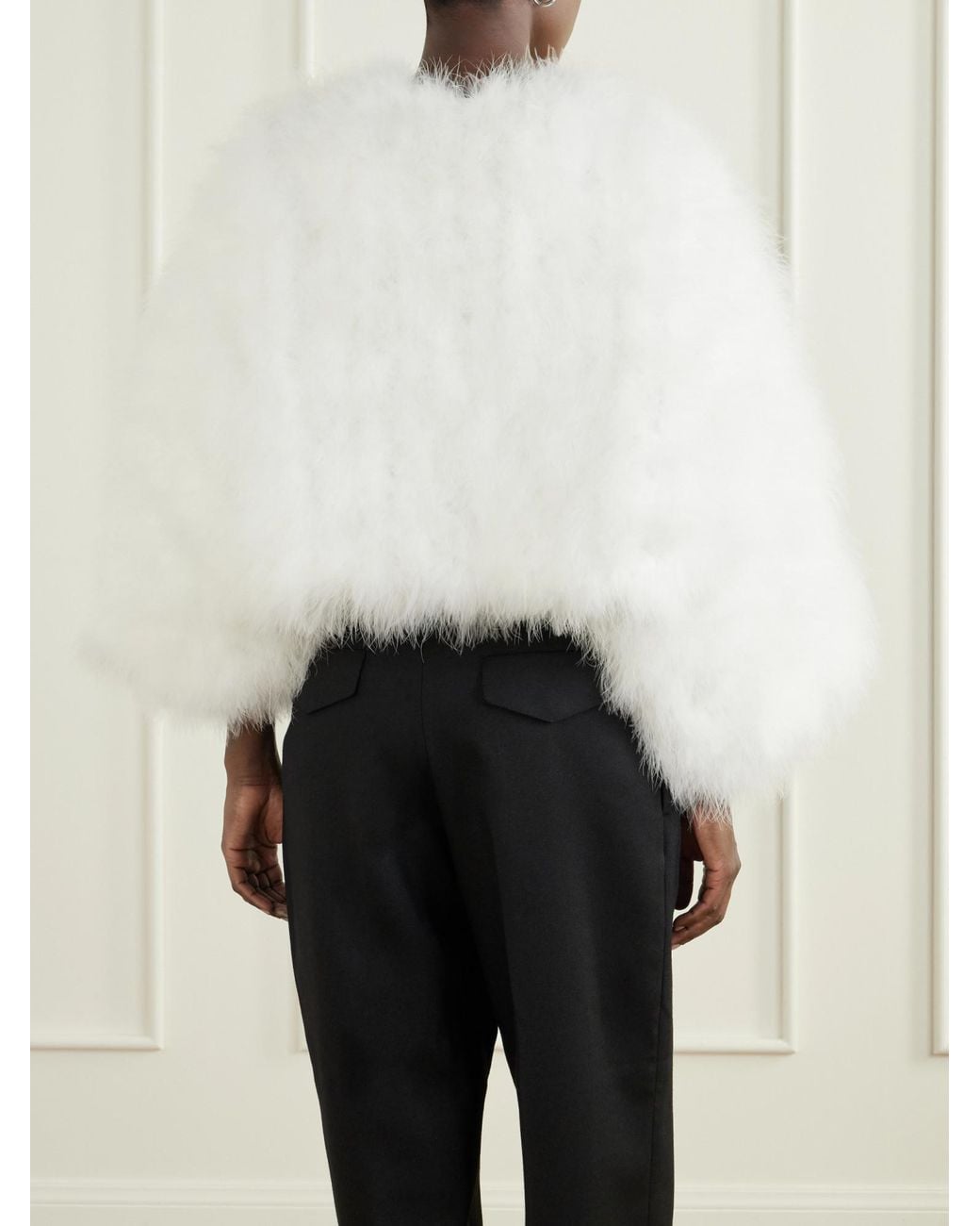 Yves Salomon White Cropped Feather-Trimmed Satin Cape
