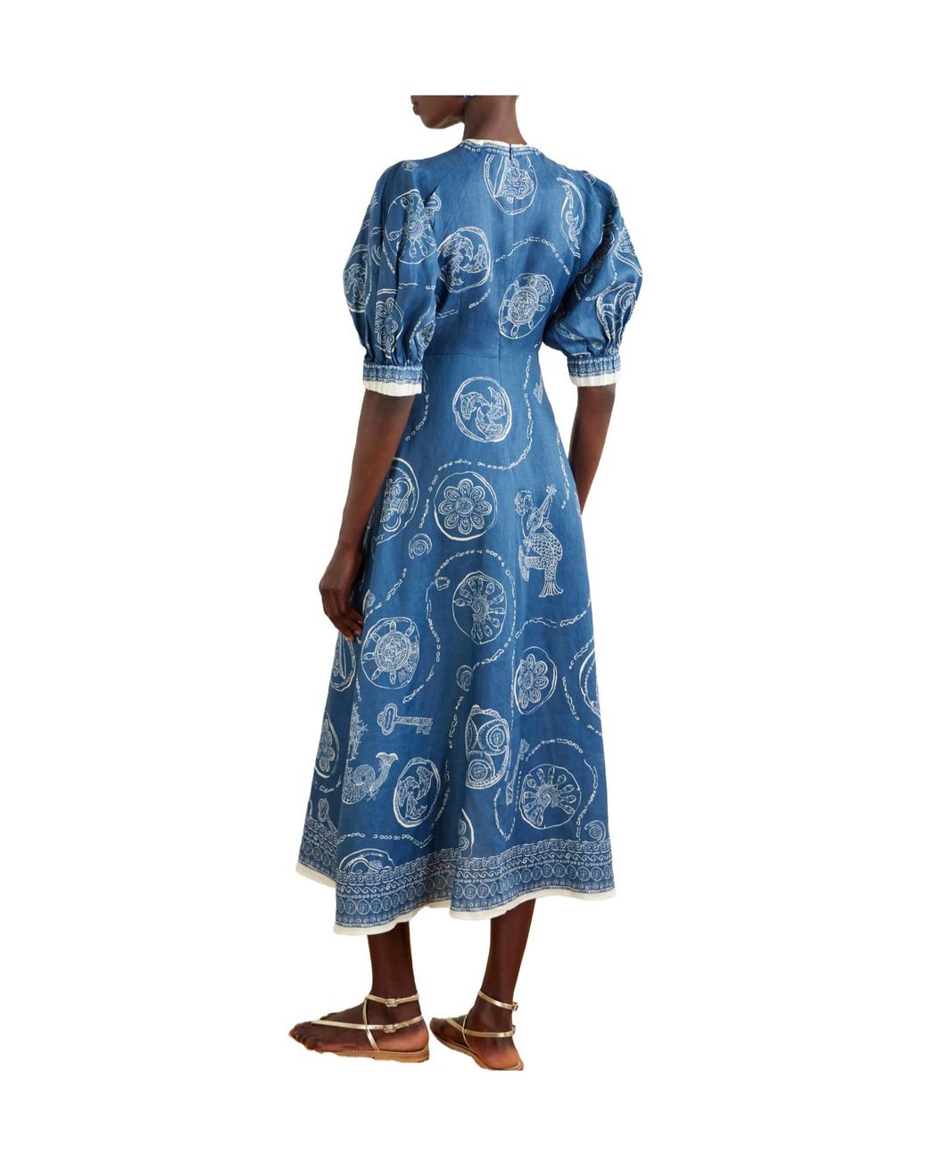 ALÉMAIS Blue Printed Linen Midi Dress