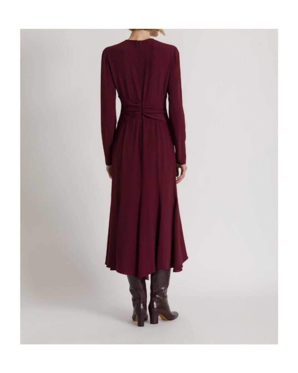 Alberta Ferretti Red Midi Ruched-Waist Long-Sleeve Dress