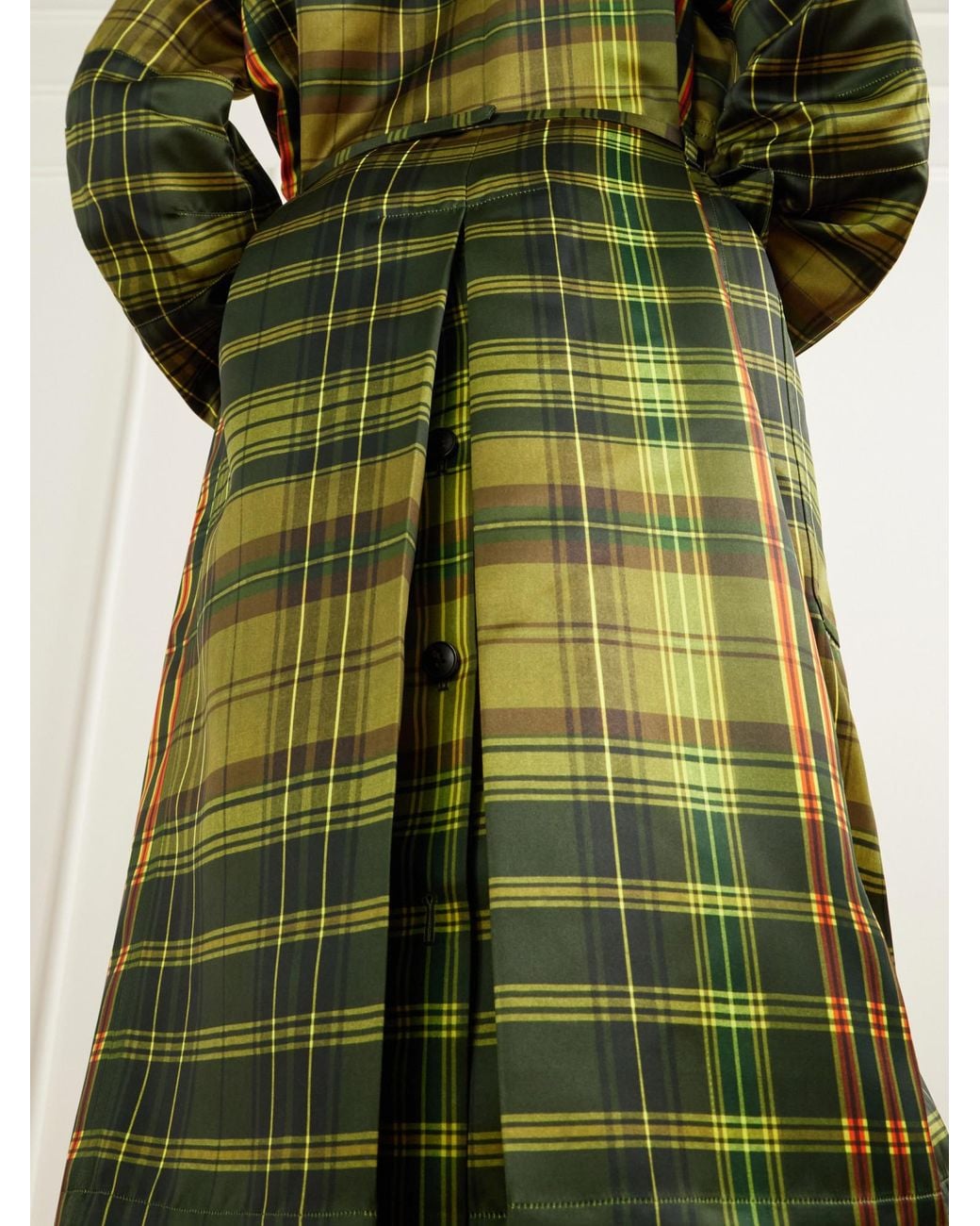 Dries Van Noten Green Belted Checked Duchesse Satin Coat