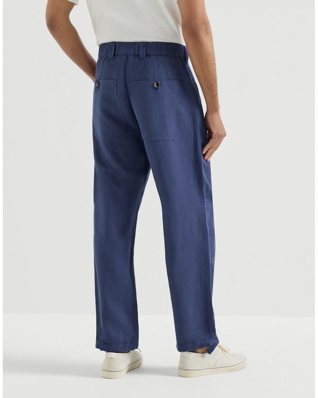 Brunello Cucinelli Blue Linen And Cotton Drill Trousers With Patch Pockets And Drawstring for men