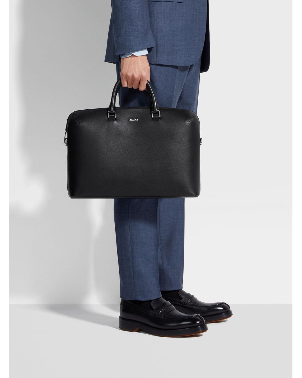 Zegna Black Logo Detailed Top Handle Briefcase for men