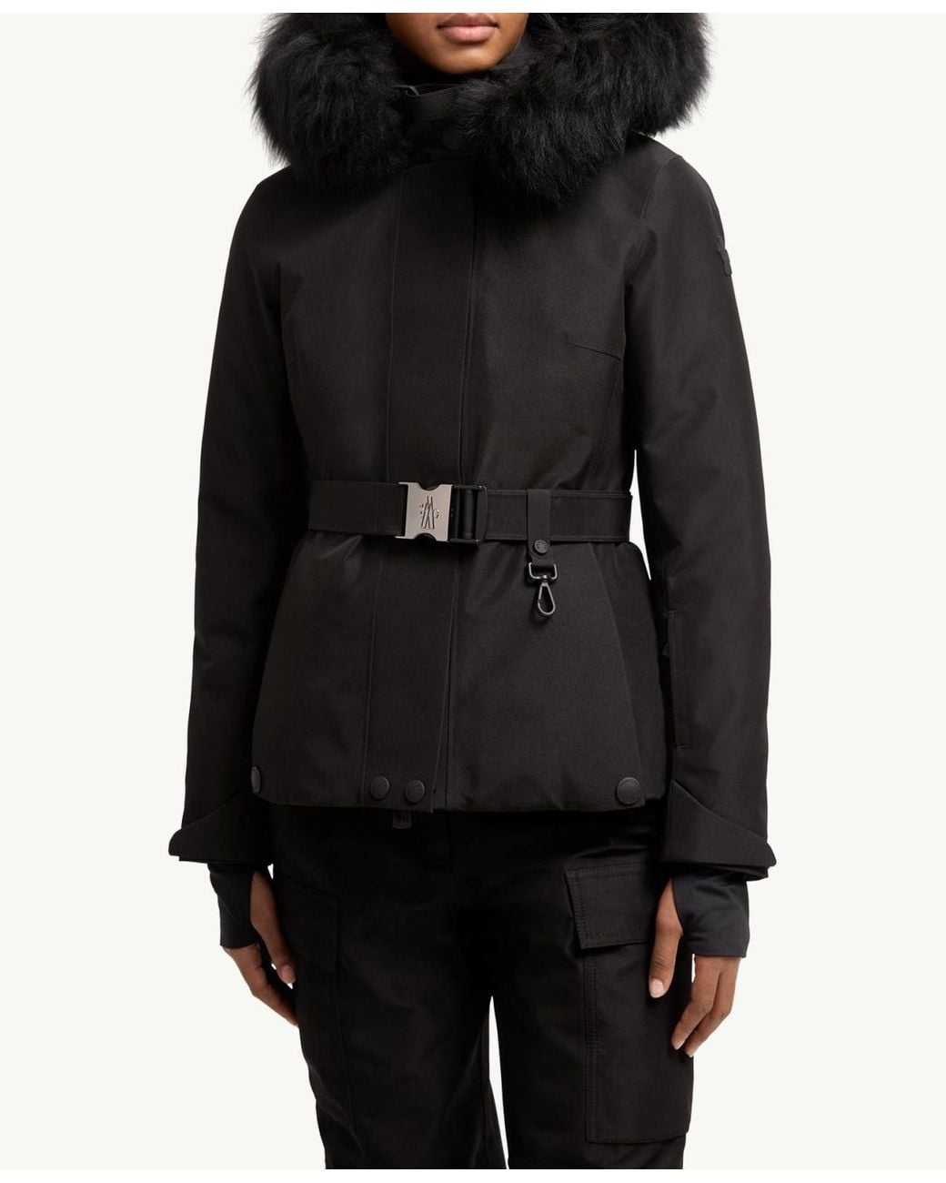 Moncler Black Grenoble Belted Fur-Trim Down Jacket