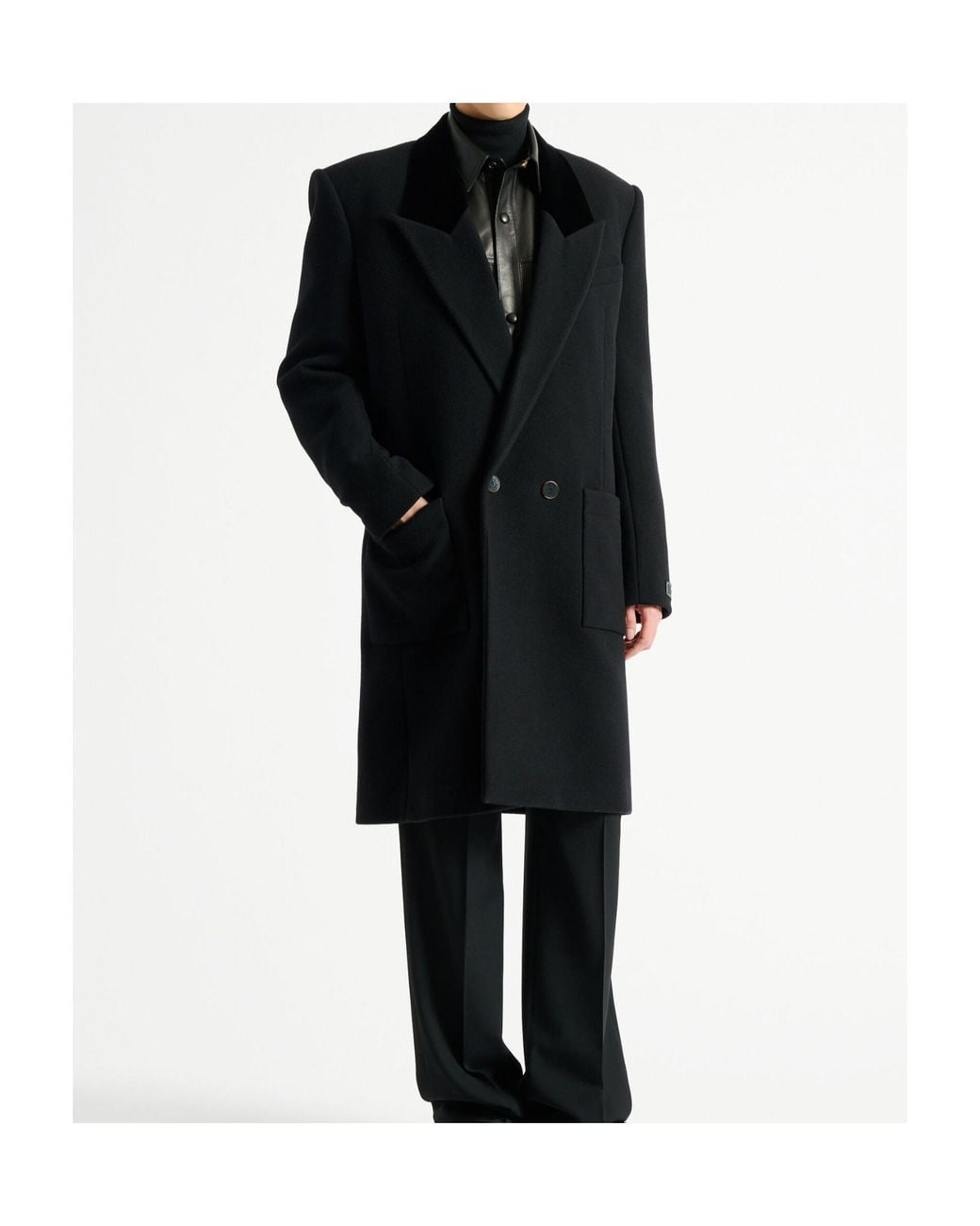 Balmain Black Long Wool And Velvet Coat for men