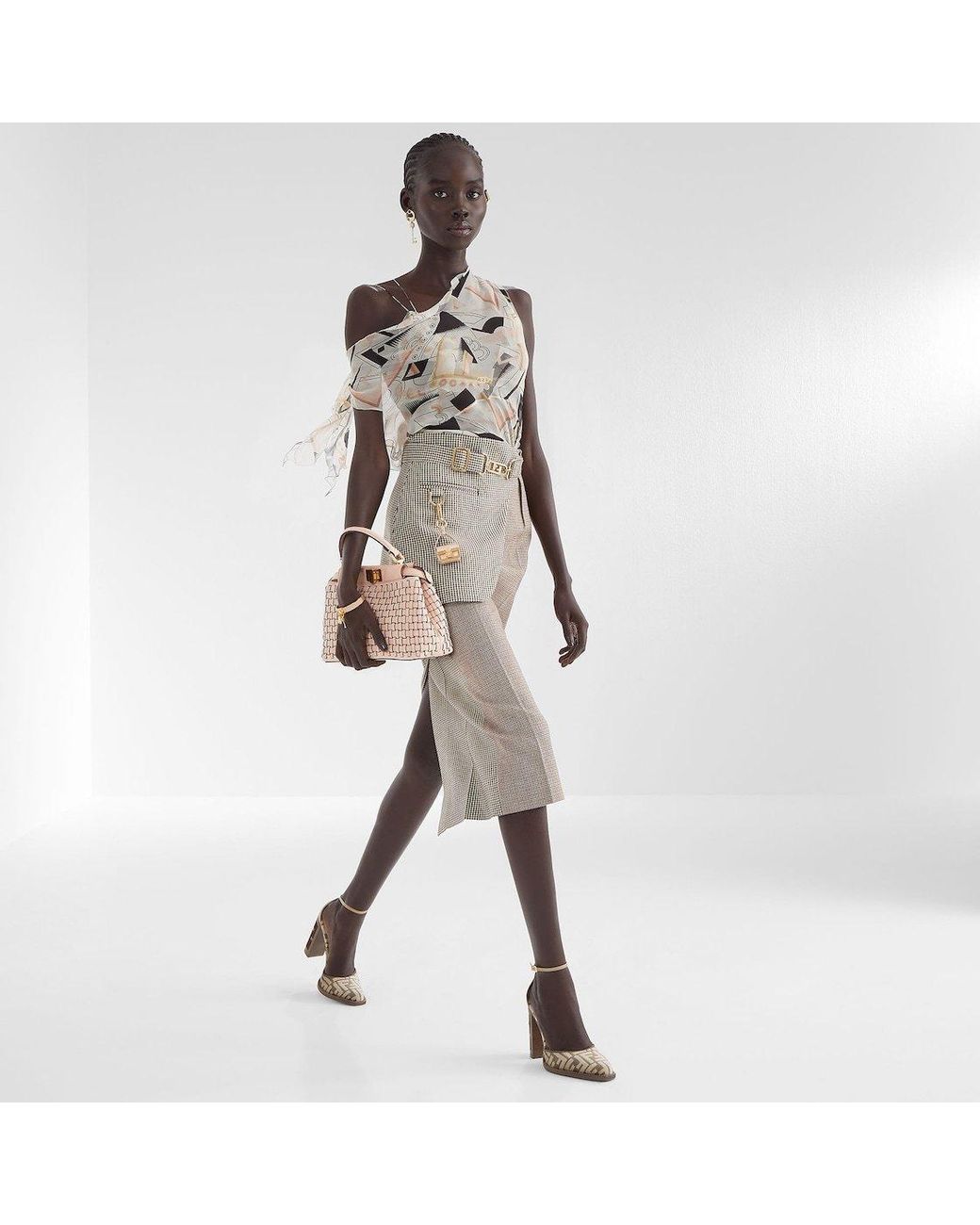 Fendi White Geometric Motif Printed Chiffon Top