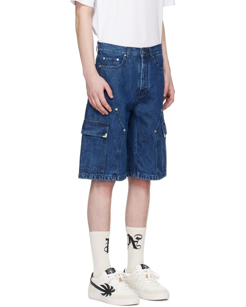 Palm Angels Blue Panelled Denim Shorts for men