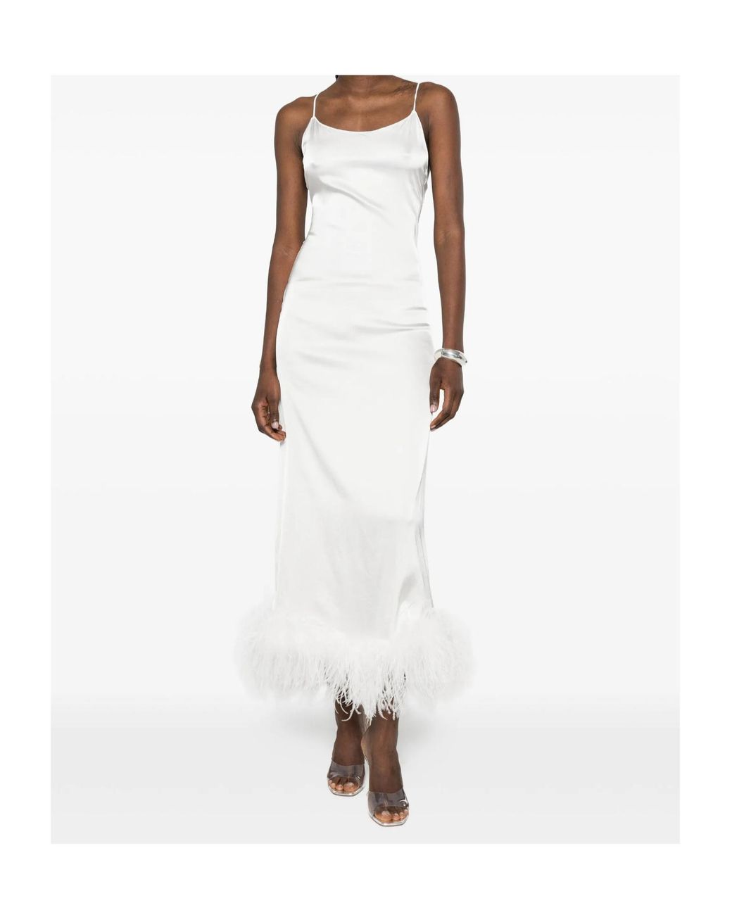 Oseree White Feather-Trim Midi Dress