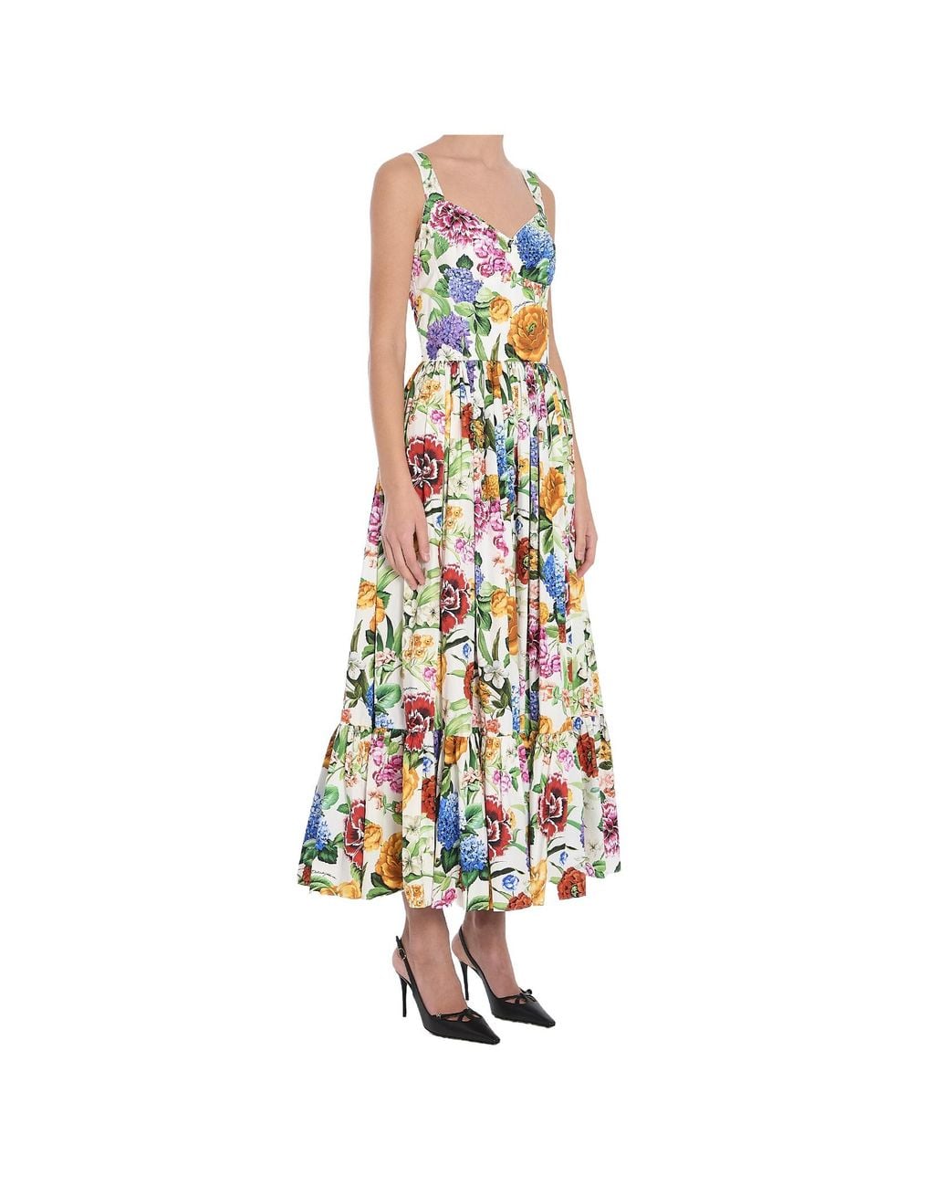Dolce & Gabbana White Floral Printed Sleeveless Midi Dress