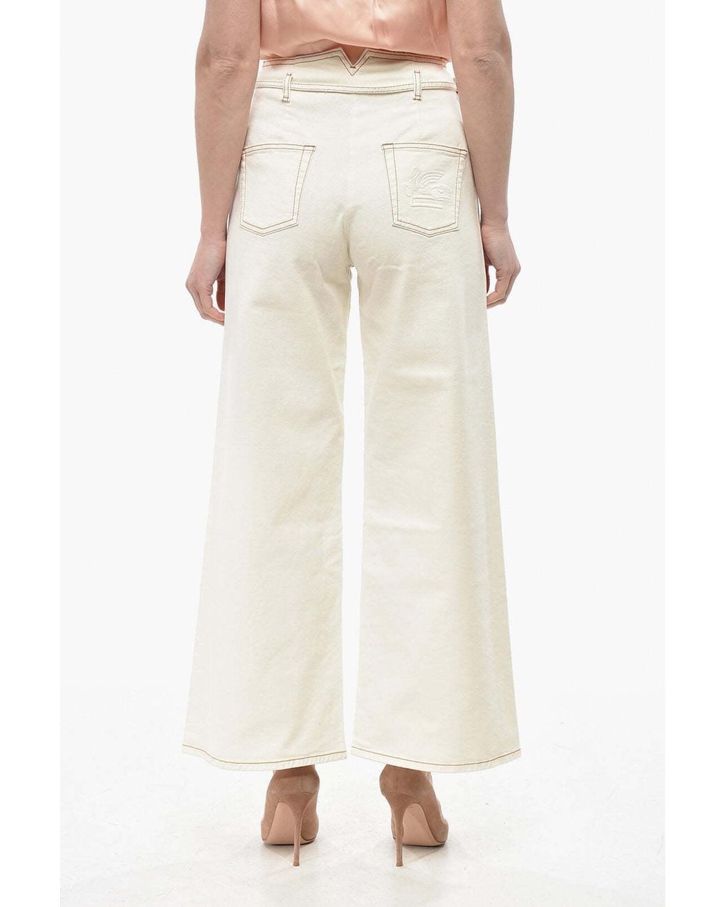 Etro Natural Wide-Leg Trousers With Topstitching