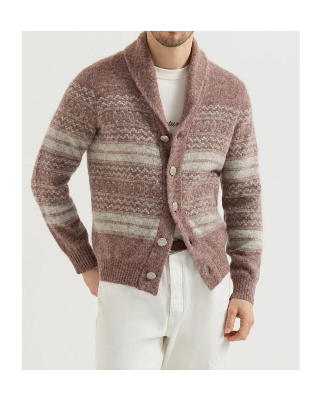 Brunello Cucinelli Brown Shawl Collared Knitted Cardigan for men