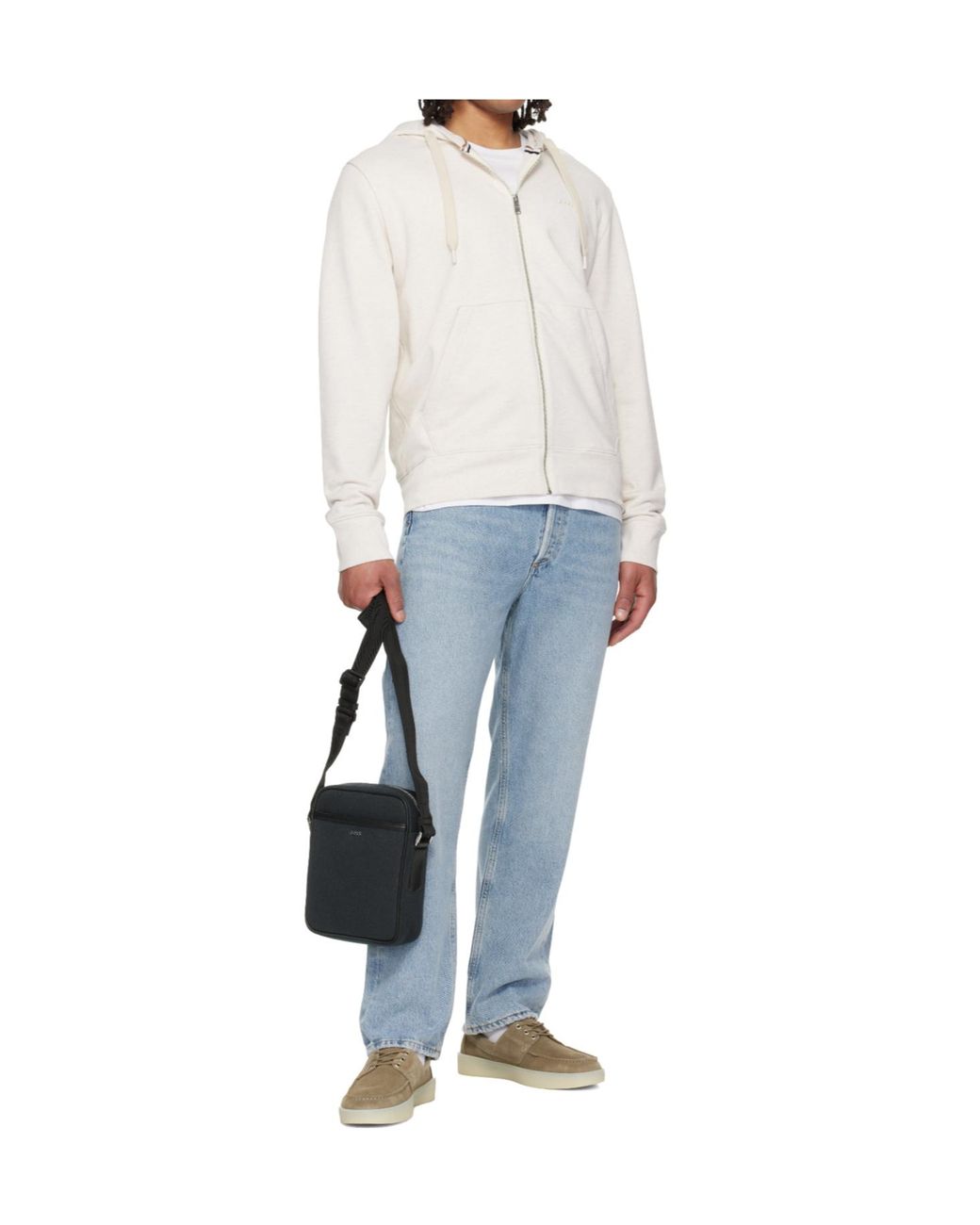 Boss White Tonal Logo Zip-Up Hoodie for men
