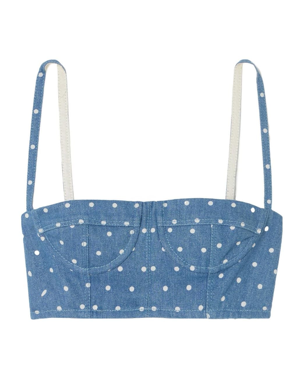 Carolina Herrera Blue Cropped Polka-Dot Denim Bustier Top