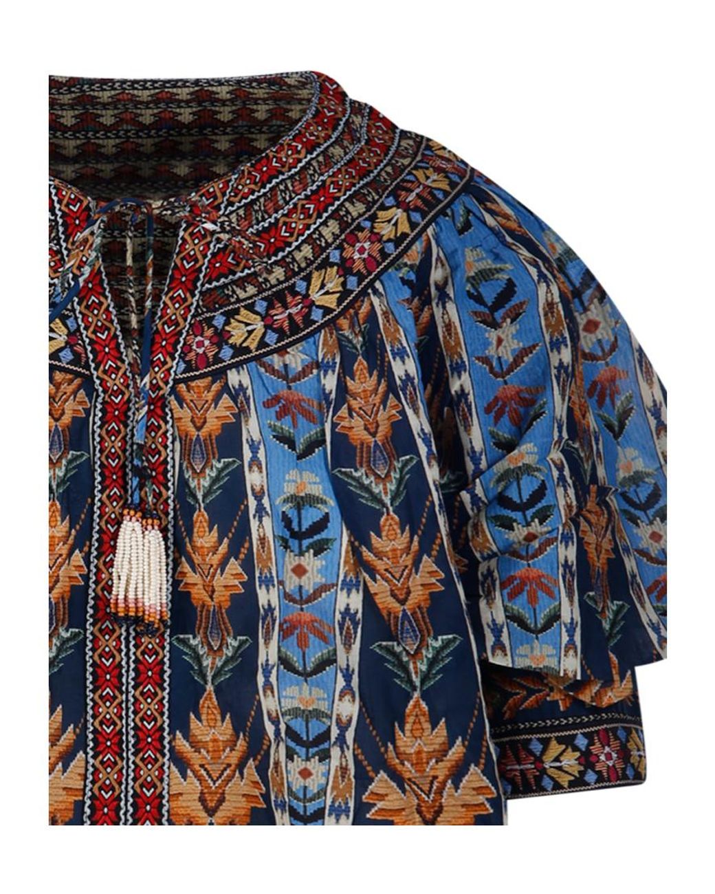 Farm Rio Blue Dress Embroidered Tapestry With Short Sleeves And Embroidery