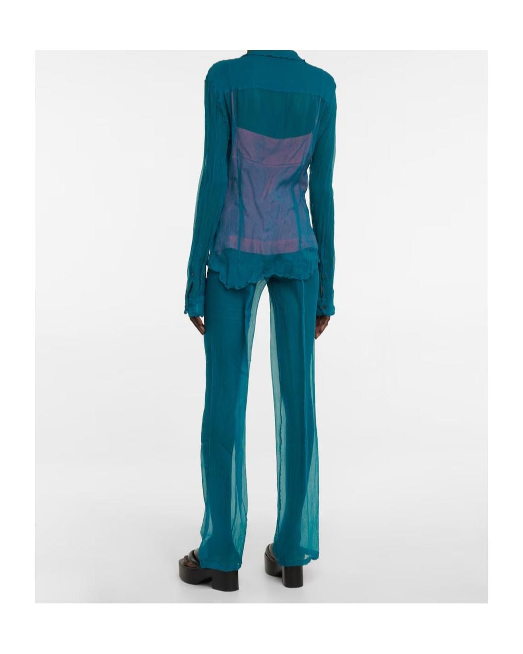 Dries Van Noten Blue High-Waisted Silk Straight-Leg Pants
