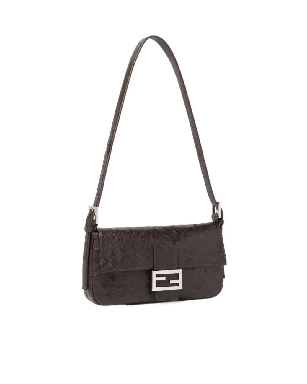 Fendi Black Baguette 26424 Dark Ostrich Leather Bag