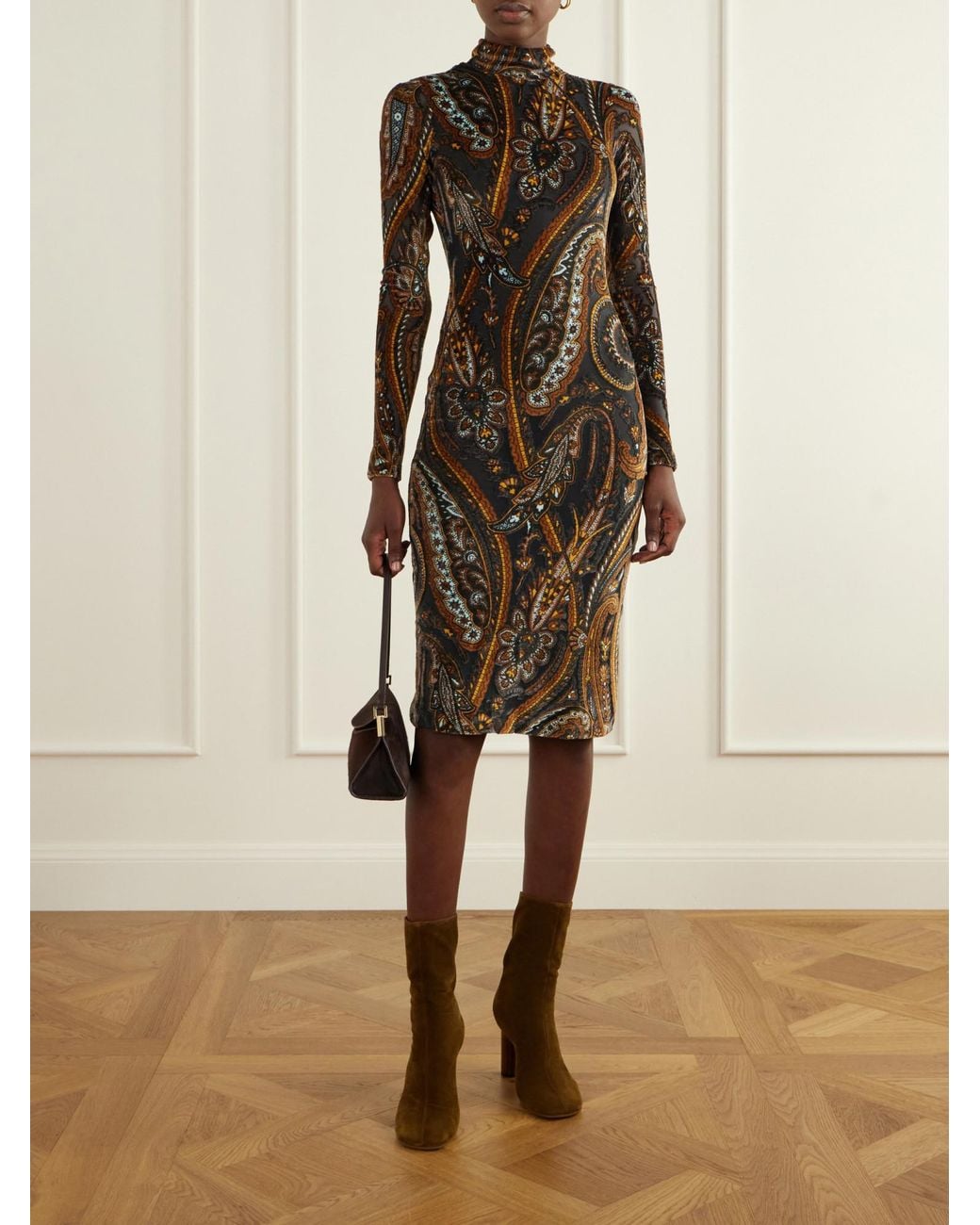 Etro Brown Printed Stretch-Velvet Knee-Length Dress