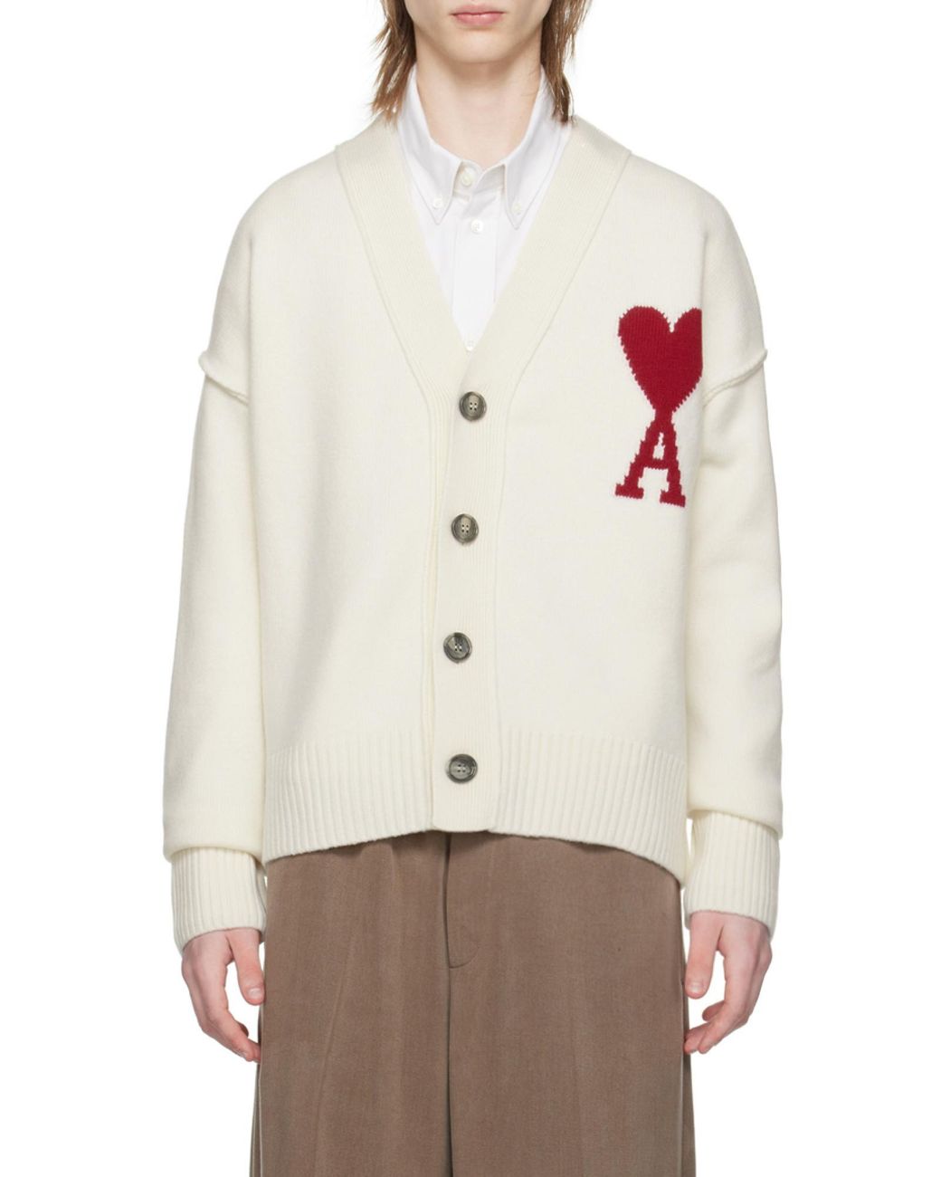 AMI White Ami De Coeur Logo Detailed V-Neck Cardigan for men