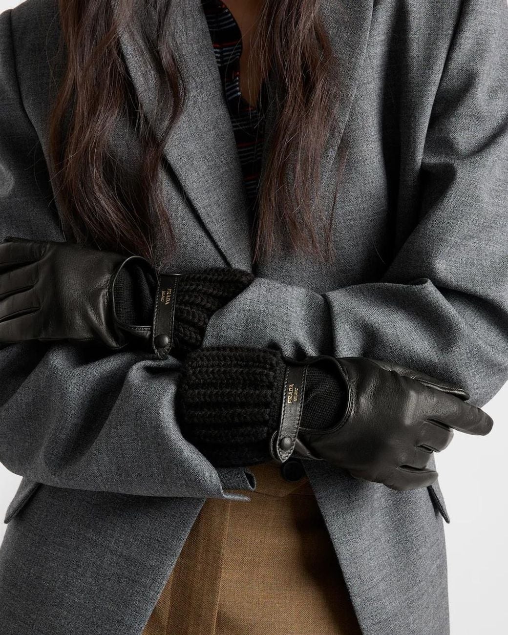 Prada Black Nappa Leather And Knit Gloves