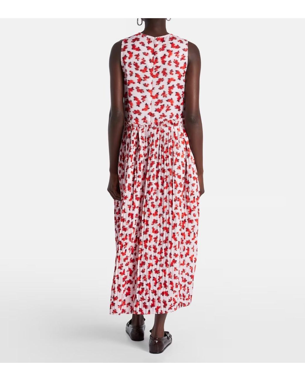 Jil Sander Red Floral Pleated Midi Dress