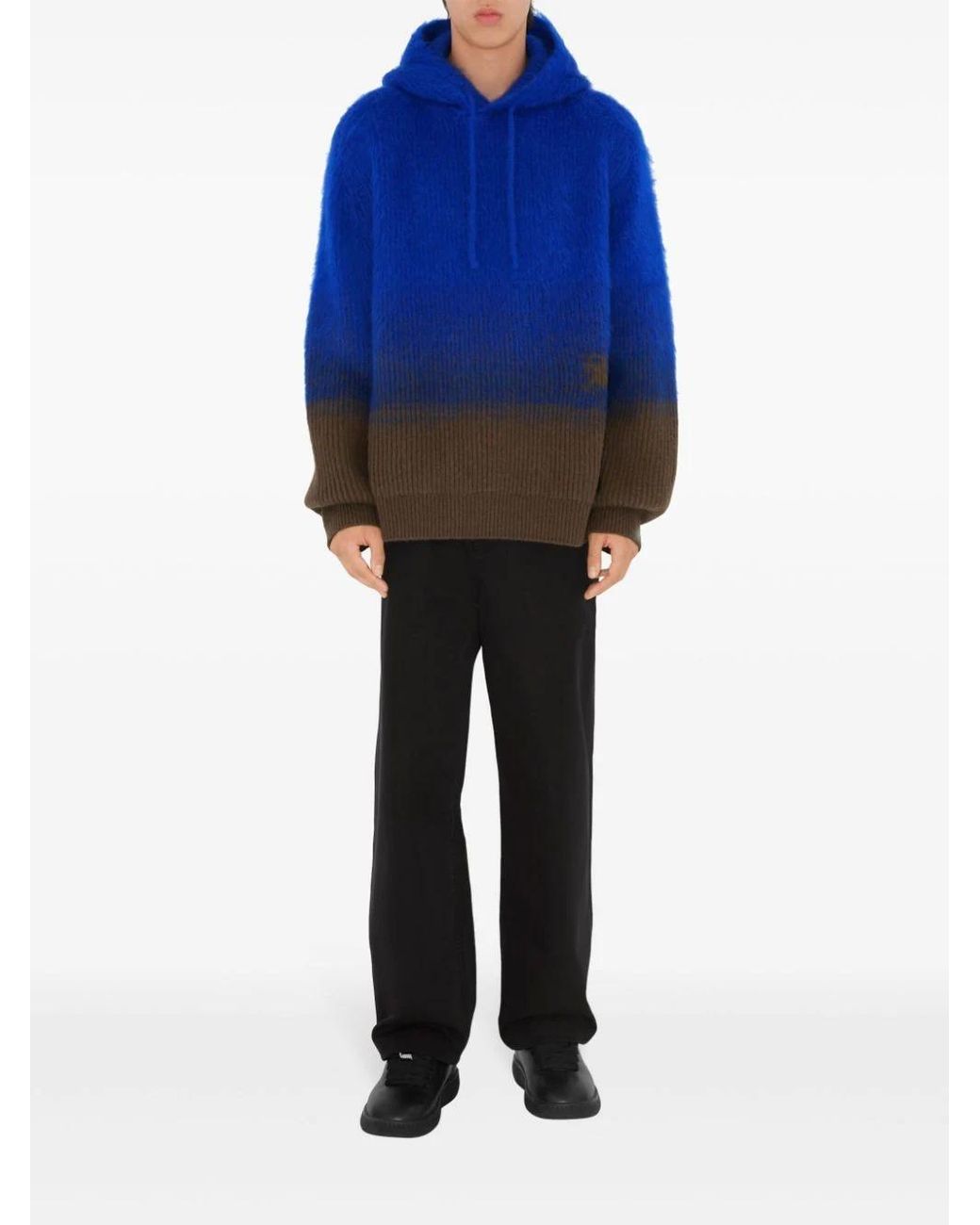 Burberry Blue Two-Toned Logo Intarsia-Knit Hooded Jumper for men