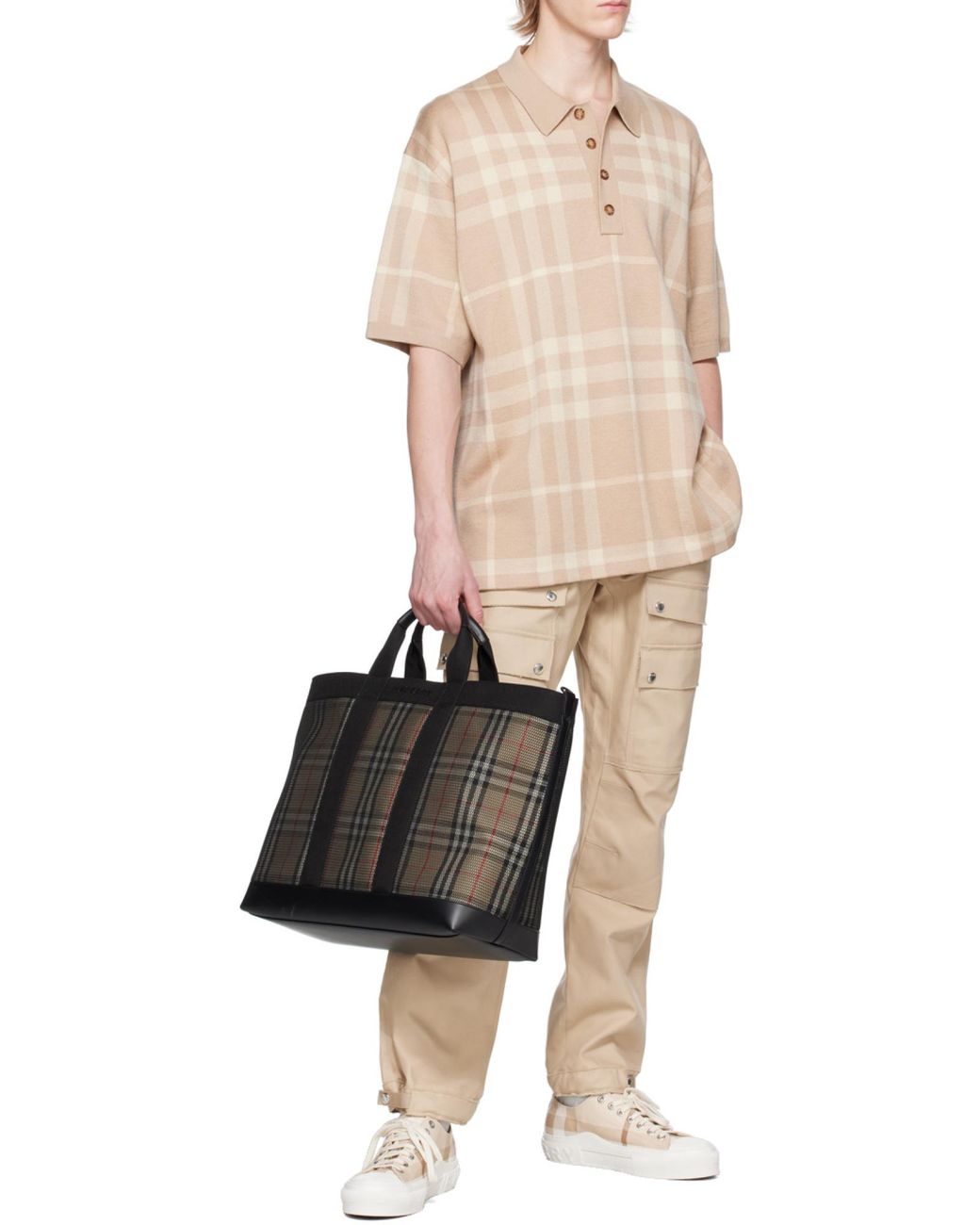 Burberry Black Checked Mesh Tote Bag for men