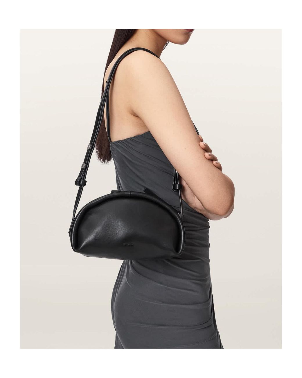 AllSaints Black Half-Moon Leather Cross Body Bag