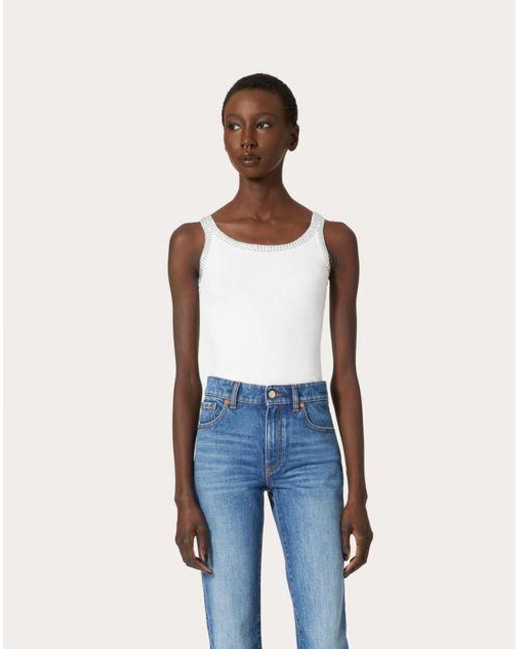Valentino White Embroidered Rhinestone-Detail Tank Top