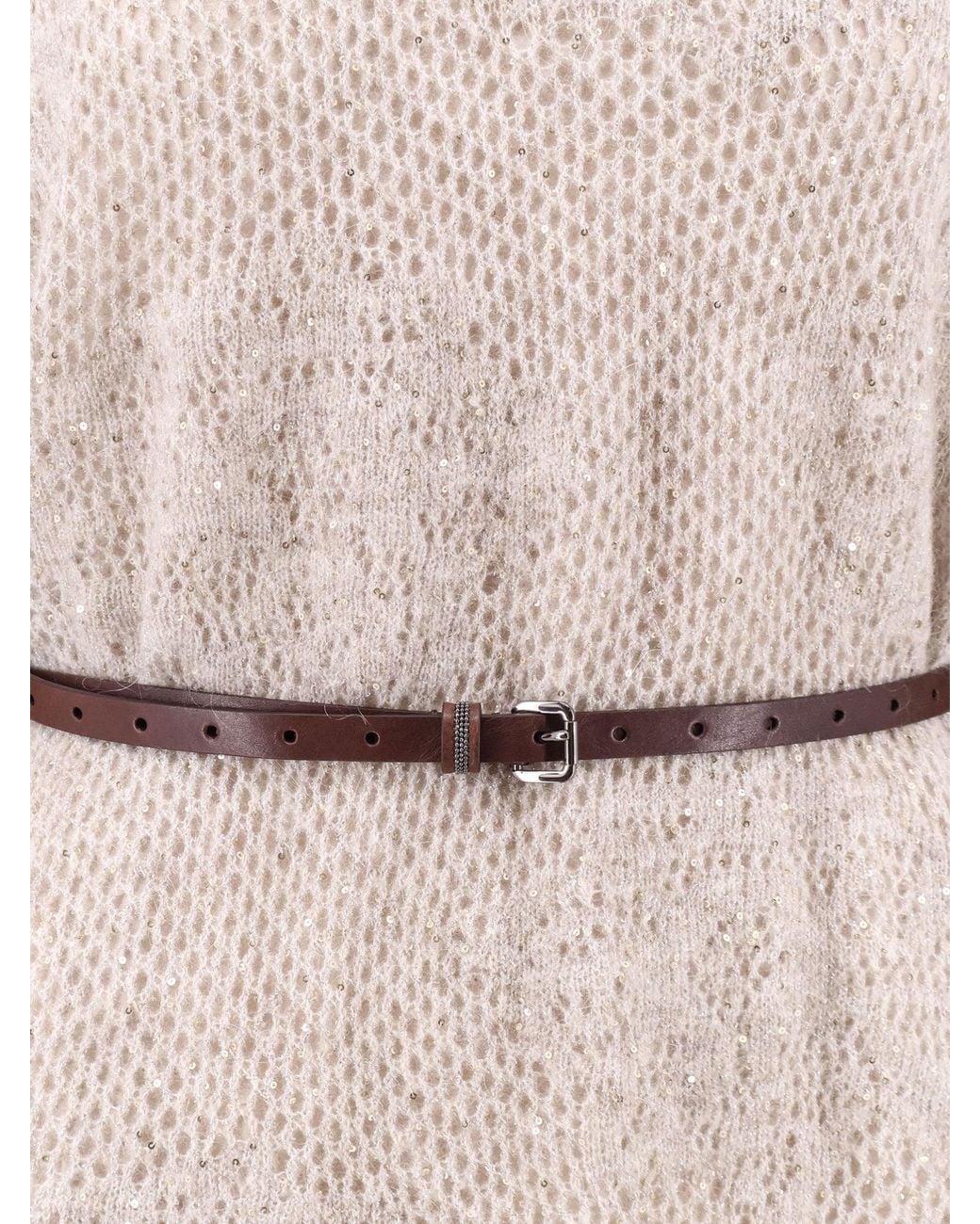 Brunello Cucinelli White Belted Ribbed Knitted Dress