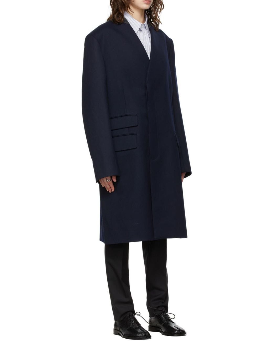 Maison Margiela Blue Collarless Single Breasted Coat for men