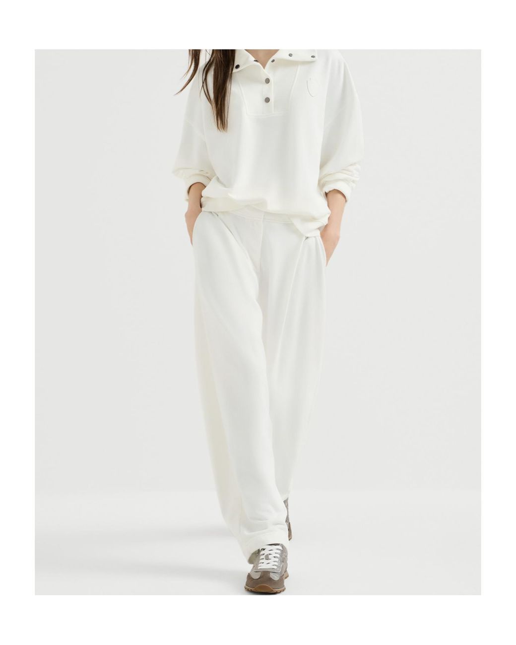 Brunello Cucinelli White Cotton Smooth French Terry Pleated Track Trousers