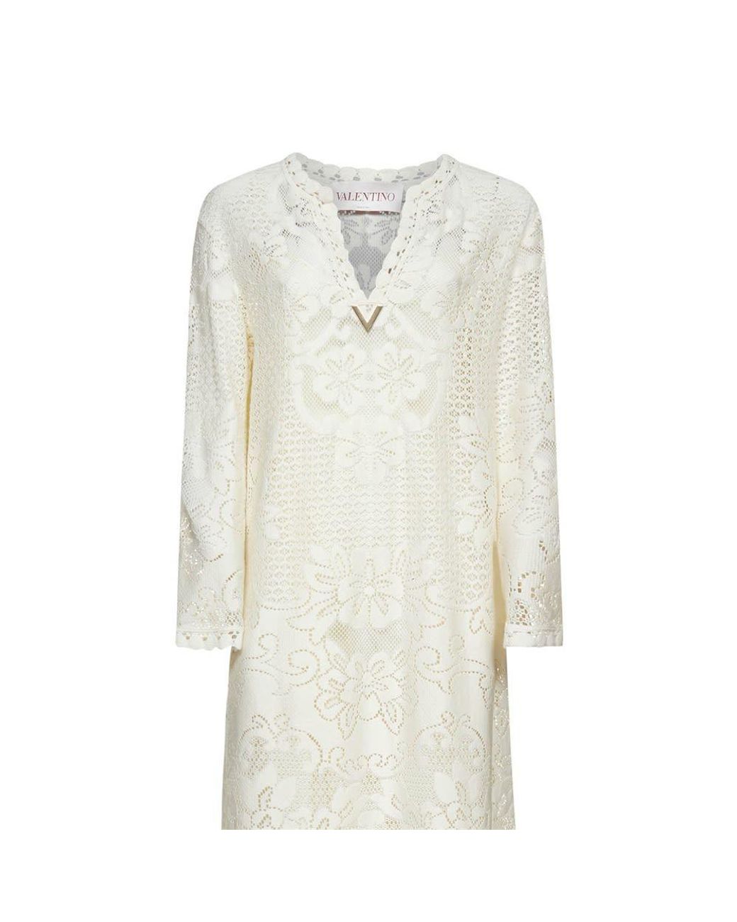 Valentino White Logo Plaque Flared Long-Sleeved Dress
