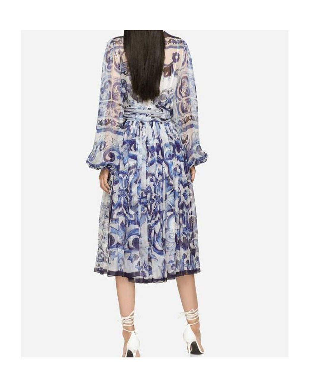 Dolce & Gabbana Blue Majolica Printed Mid-Length Dress