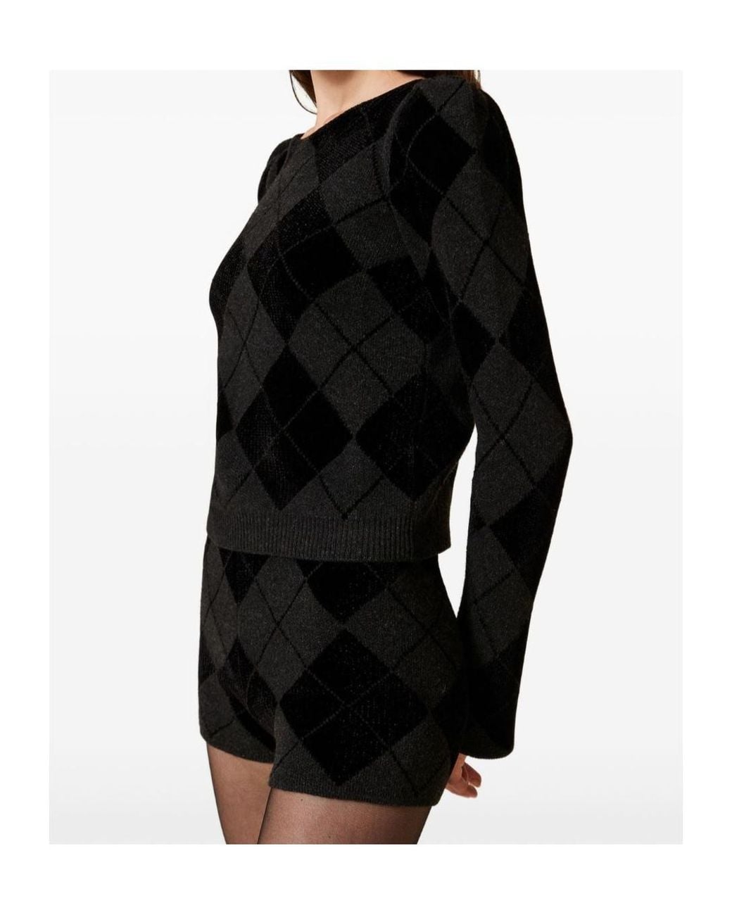 Twinset Black Diamond-Pattern Knit Shorts