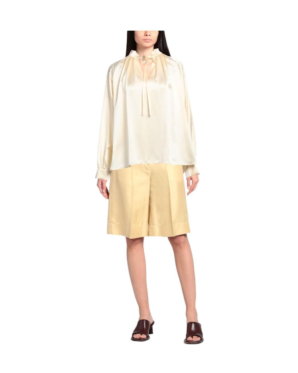 Max Mara White Solid Color Satin Long-Sleeve Top