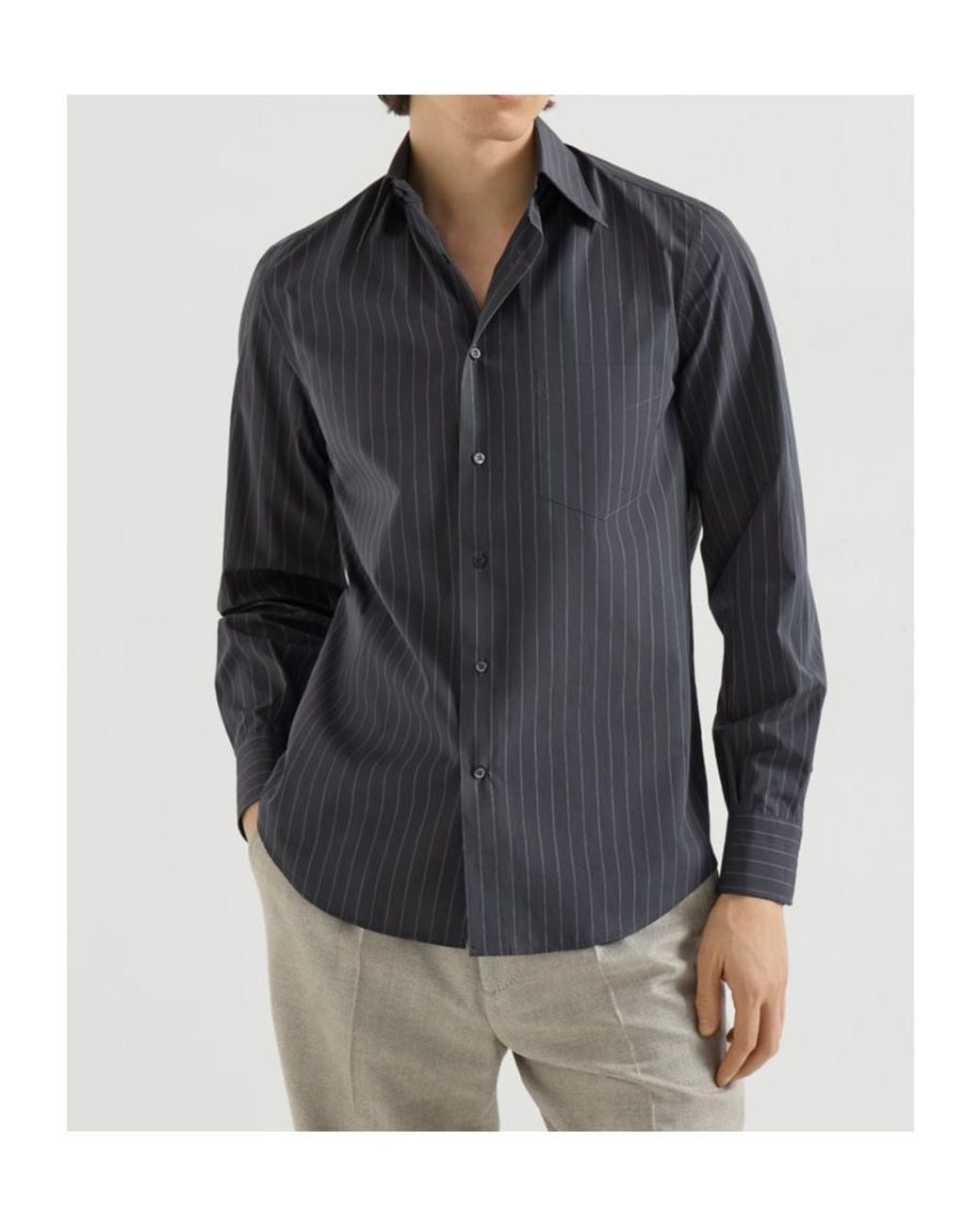 Brunello Cucinelli Blue Double Pinstripe Cotton Overshirt With Italian Collar And Chest Pocket for men