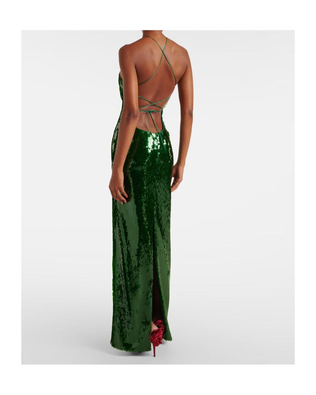 Magda Butrym Green Floral-Applique Sequined Halterneck Gown