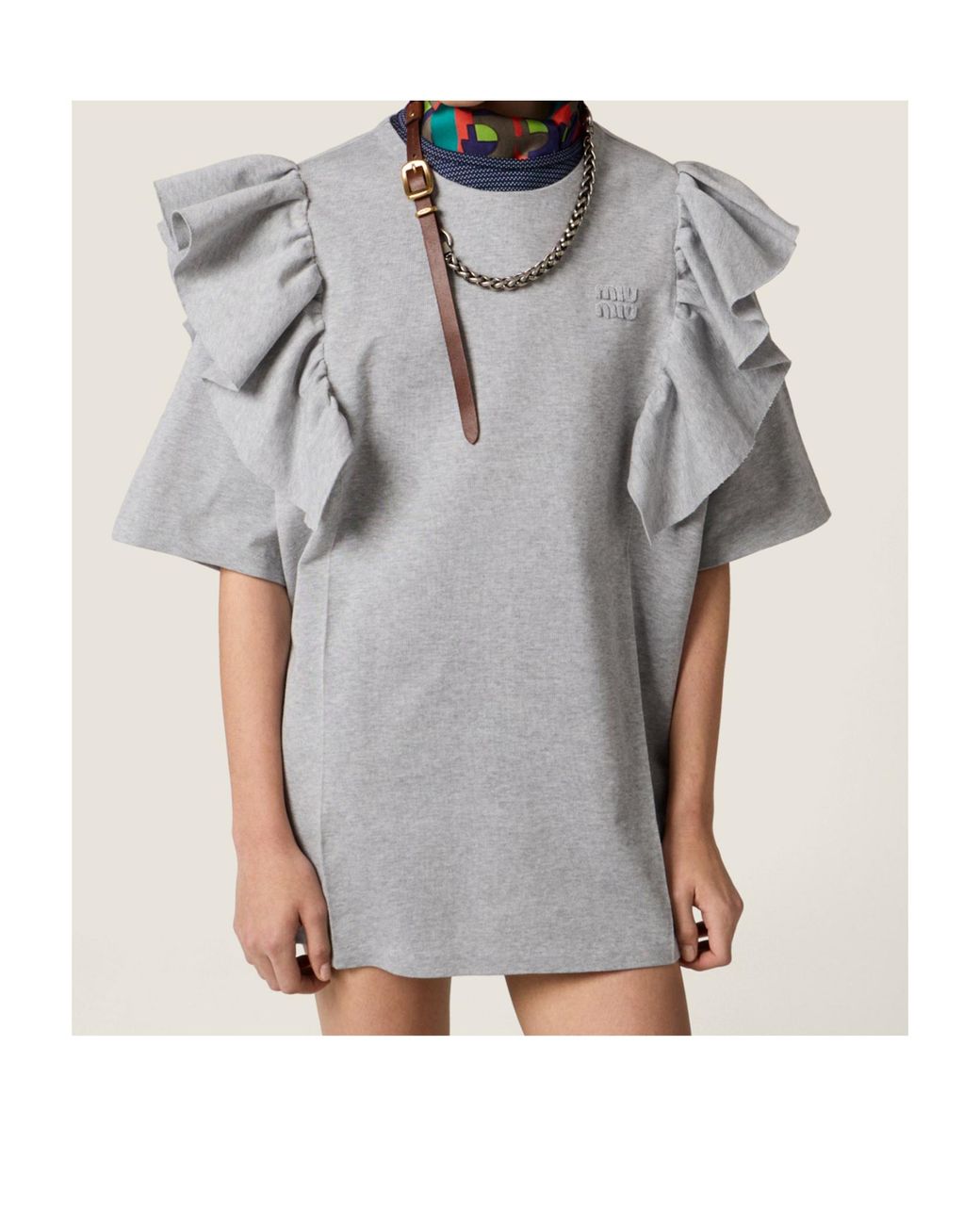 Miu Miu Gray Ruffled Crewneck Dress