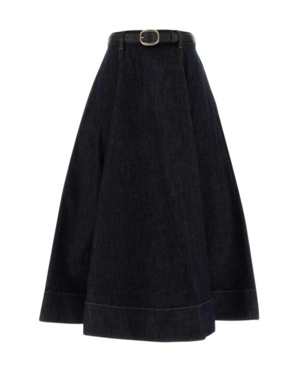 Self-Portrait Black Denim Flared Midi Skirt