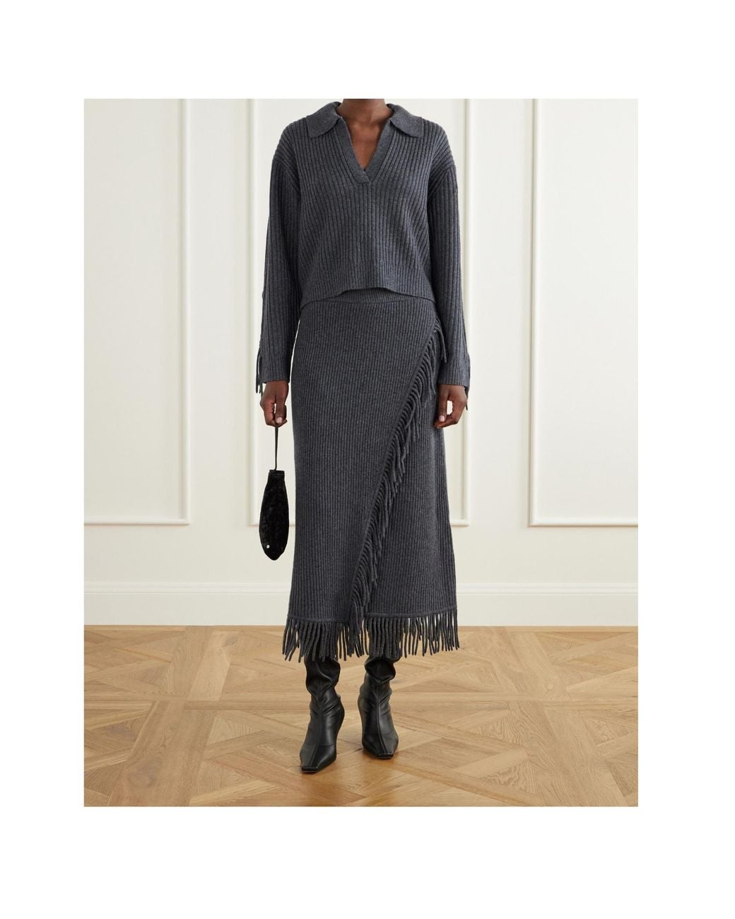 Jonathan Simkhai Gray Casey Fringe-Trim Ribbed Midi Skirt