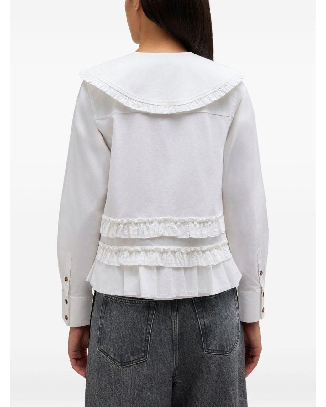Ganni White Ruffled Long-Sleeved Shirt