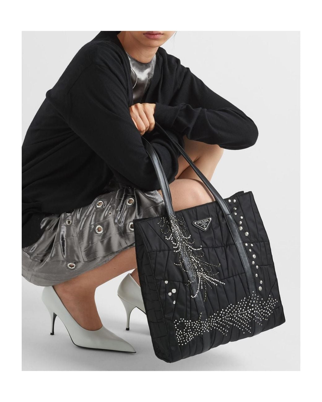 Prada Black Medium Re-Nylon Patchwork Tote Bag With Embroidery