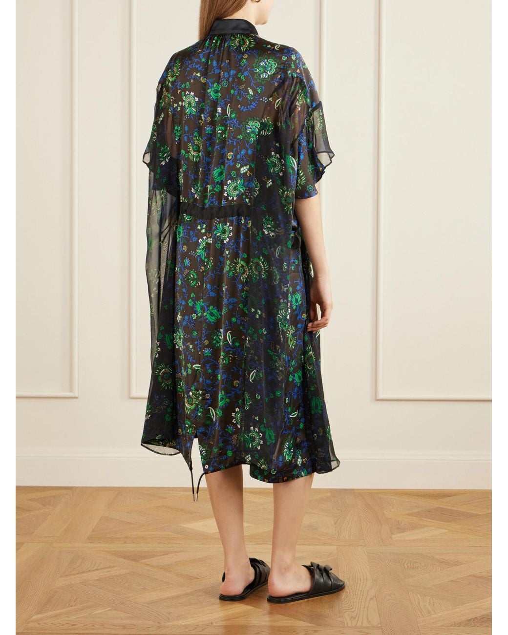 Sacai Green Floral-Print Satin Midi Dress