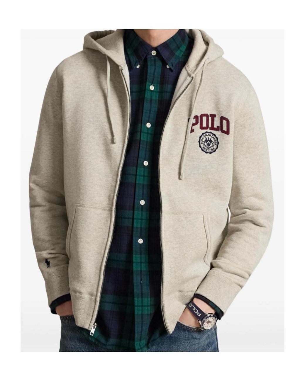 Polo Ralph Lauren White Logo Embroidered Zip-Up Drawstring Hoodie for men