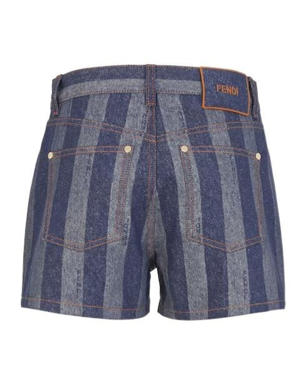 Fendi Blue Logo Embroidered Striped Denim Shorts