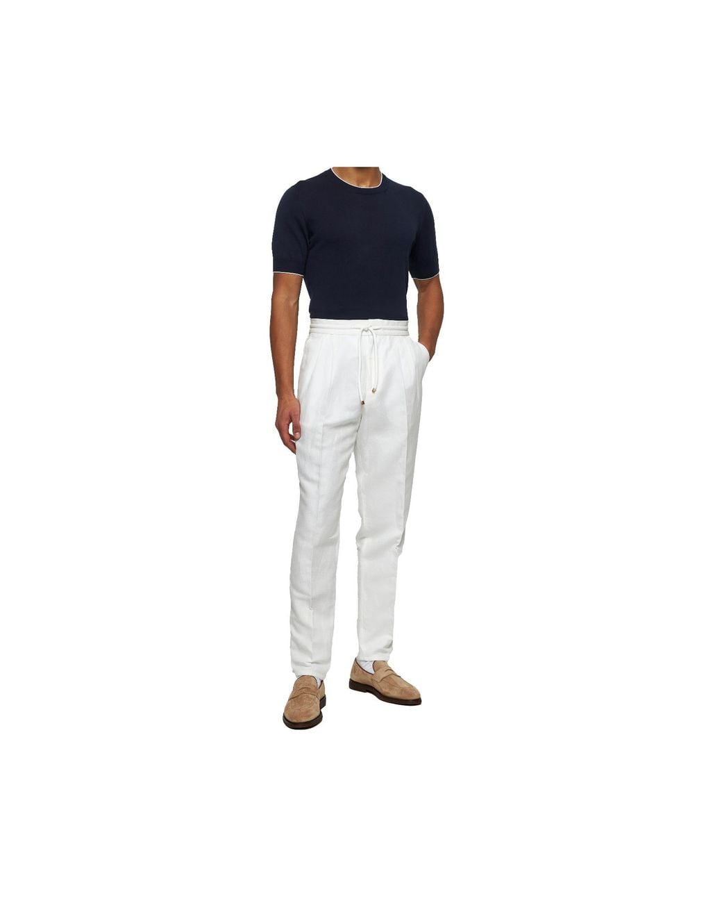 Brunello Cucinelli White Drawstring Tapered Leg Trousers for men