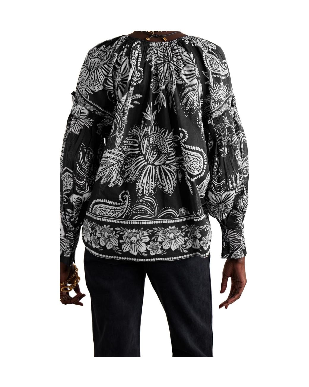 Farm Rio Gray Tie-Detailed Bead-Embellished Printed Cotton-Voile Blouse