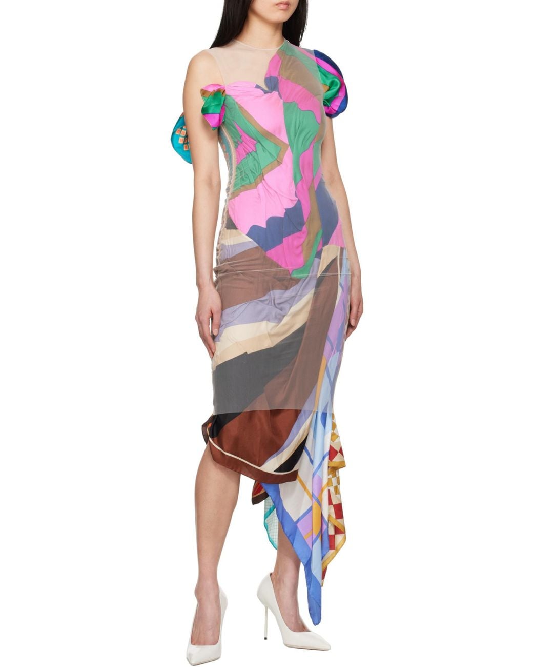 MARINE SERRE White Scarf-Detailed Asymmetric Midi Dress
